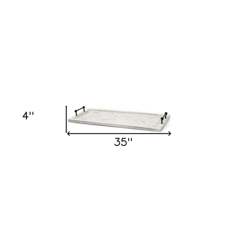 35" White and Natural Wood Indoor Outdoor Tray With Handles Homeroots Kitchen & Dining