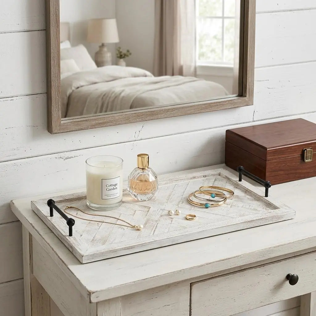35" White and Natural Wood Indoor Outdoor Tray With Handles Homeroots Kitchen & Dining