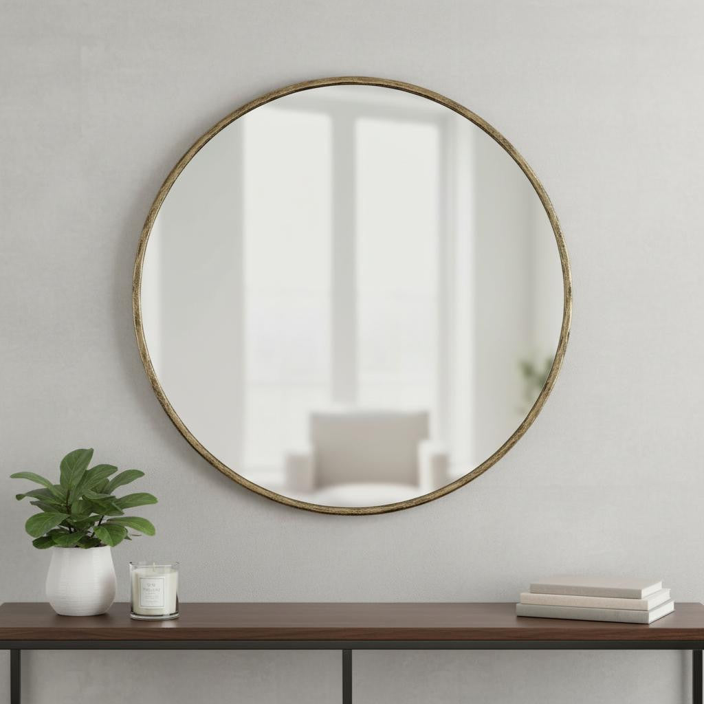 36" Antiqued Brass Iron Round Framed Accent Mirror Homeroots Bed & Bath