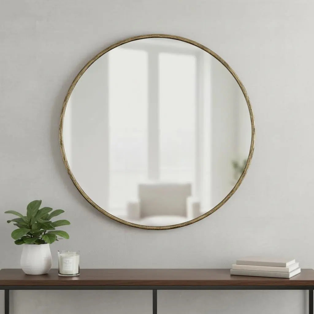 36" Antiqued Brass Iron Round Framed Accent Mirror Homeroots Bed & Bath