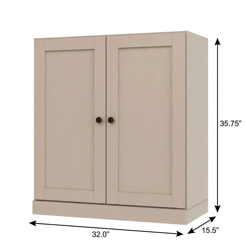 36" Beige Solid Wood Adjustable Three Tier Library Bookcase with Two Doors Homeroots Office