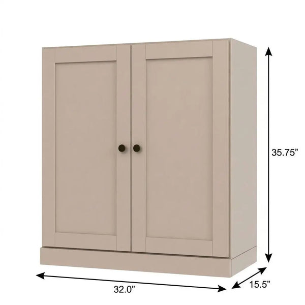 36" Beige Solid Wood Adjustable Three Tier Library Bookcase with Two Doors Homeroots Office