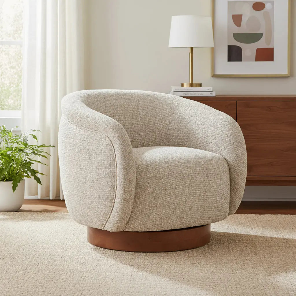 36" Beige Upholstered Swivel Arm Chair Homeroots Living Room