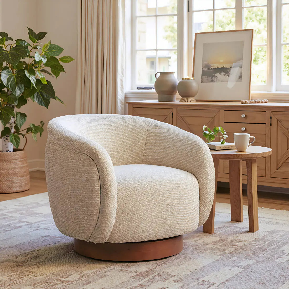 36" Beige Upholstered Swivel Arm Chair Homeroots Living Room