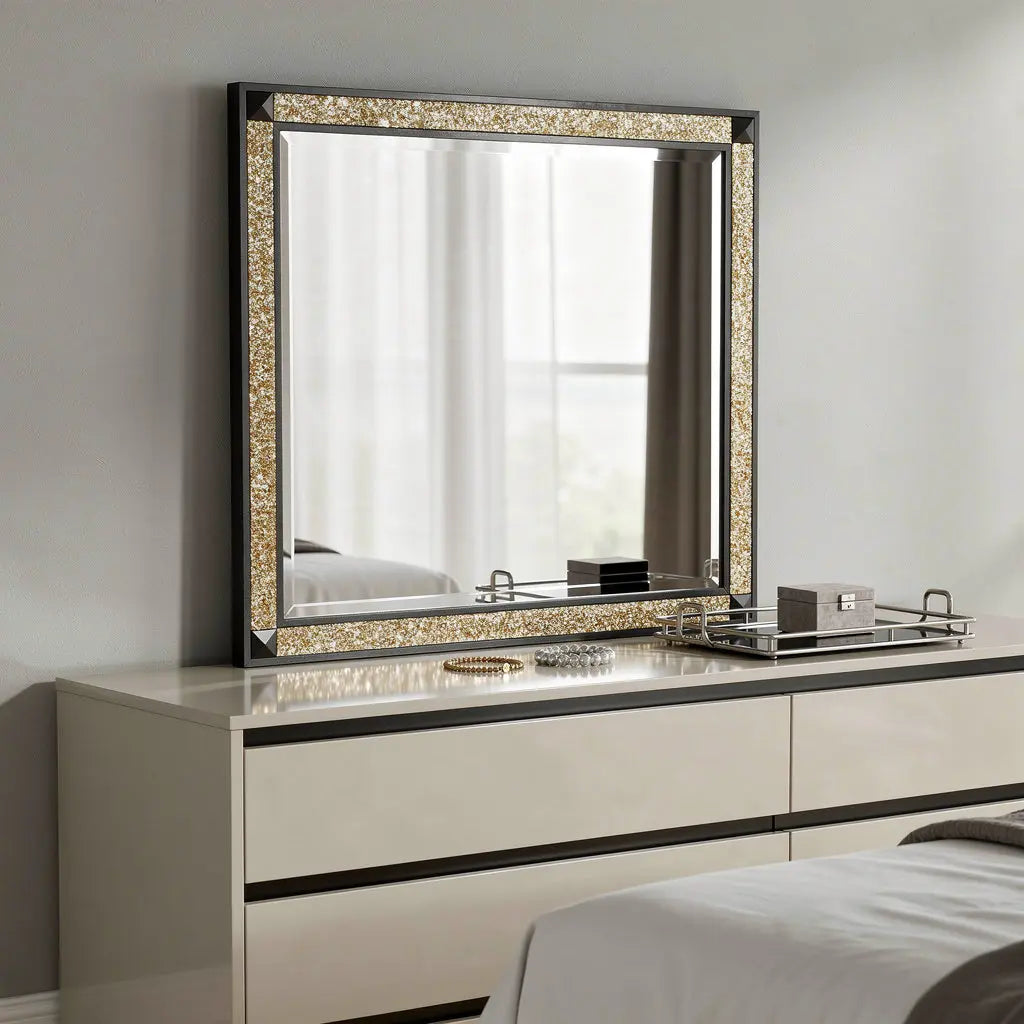 36" Black And Gold Faux Crystal And Wood Dresser Mount Framed Mirror Homeroots Bed & Bath