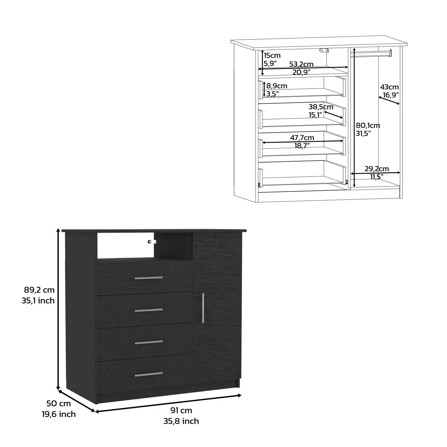 36" Black Four Drawer Combo Dresser Homeroots Bed & Bath