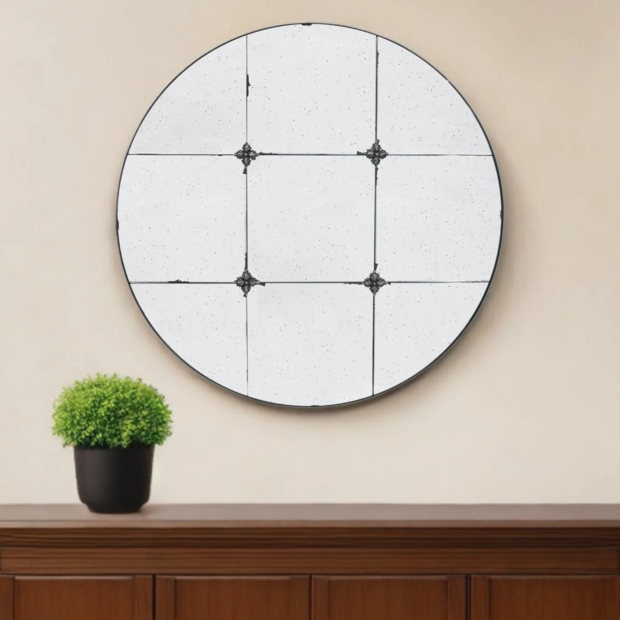 36" Black Round Iron Framed Antiqued Glass Accent Mirror Homeroots Bed & Bath