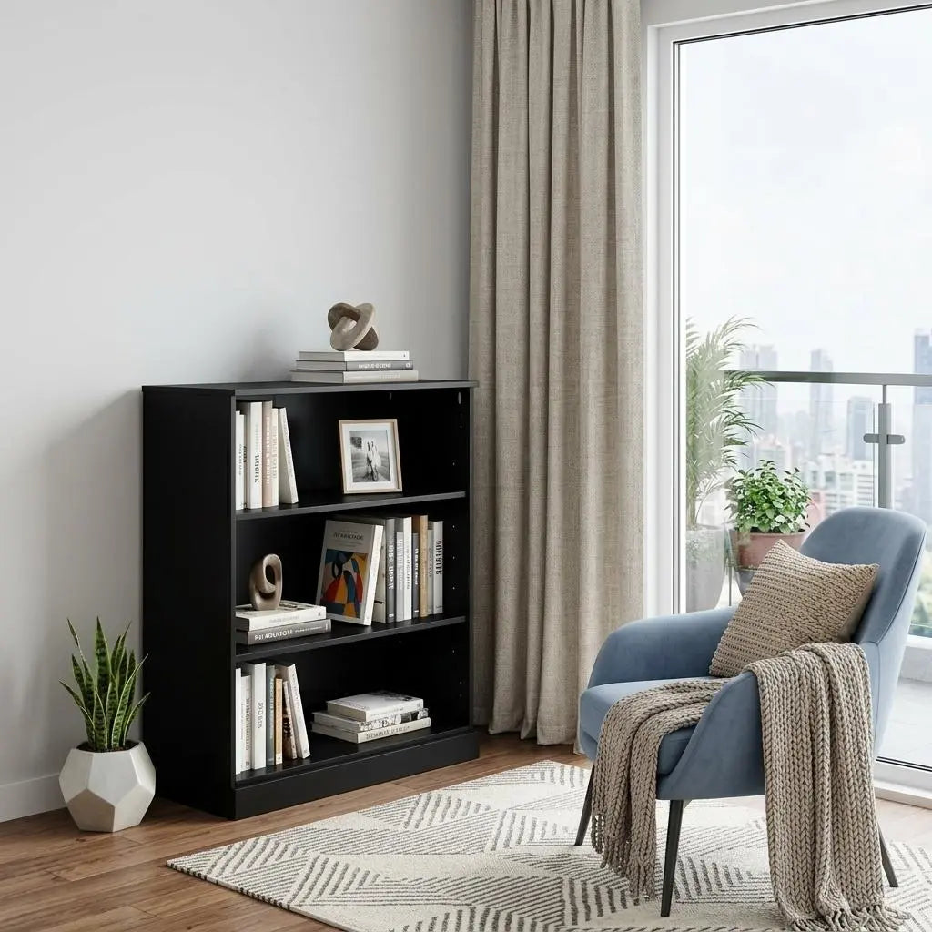 36" Black Solid Wood Adjustable Three Tier Library Bookcase Homeroots Office
