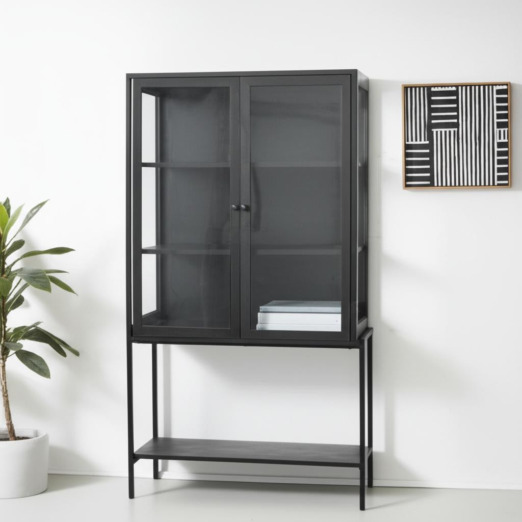 36" Black Solid Wood and Metal Display Cabinet With Two Doors Homeroots Kitchen & Dining