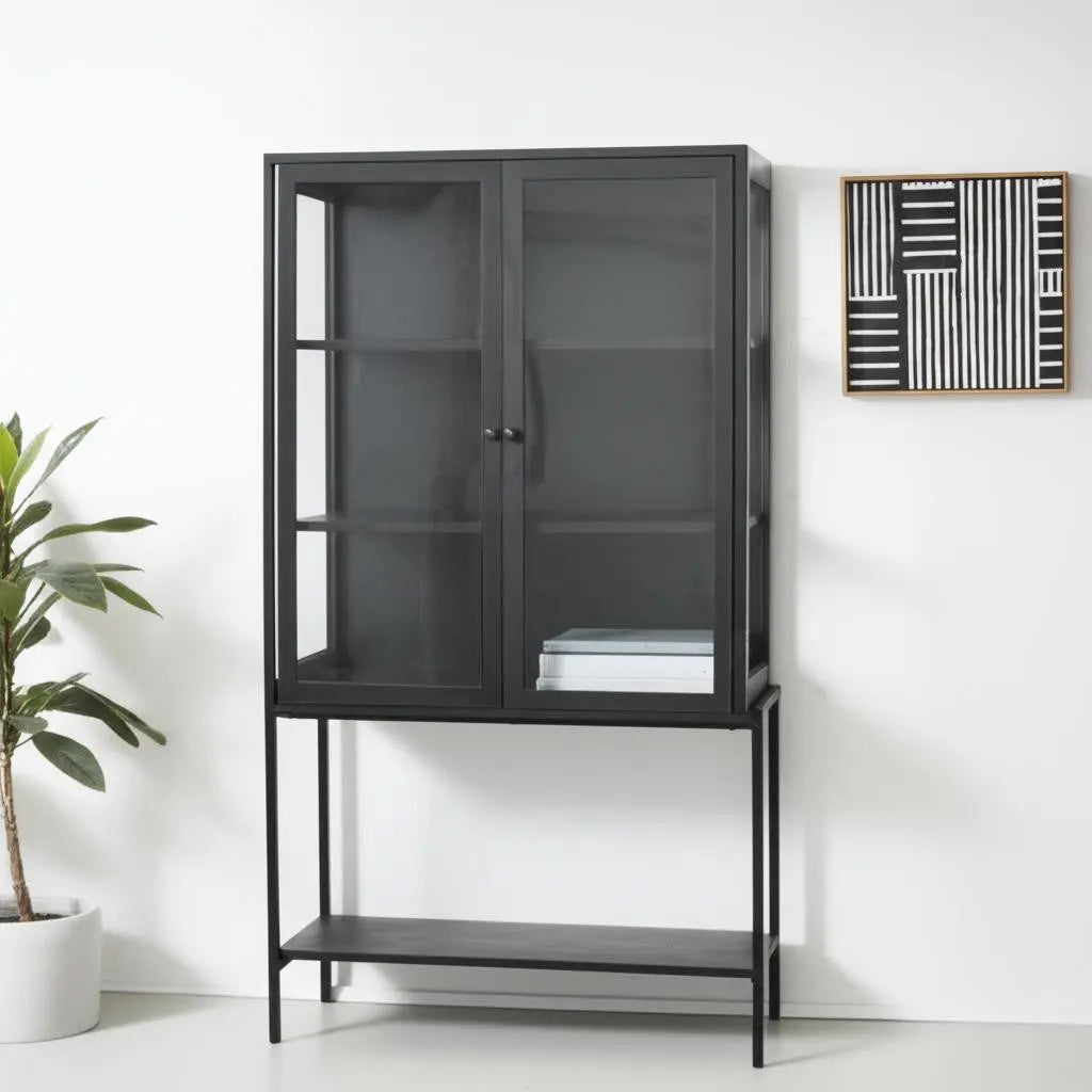 36" Black Solid Wood and Metal Display Cabinet With Two Doors Homeroots Kitchen & Dining