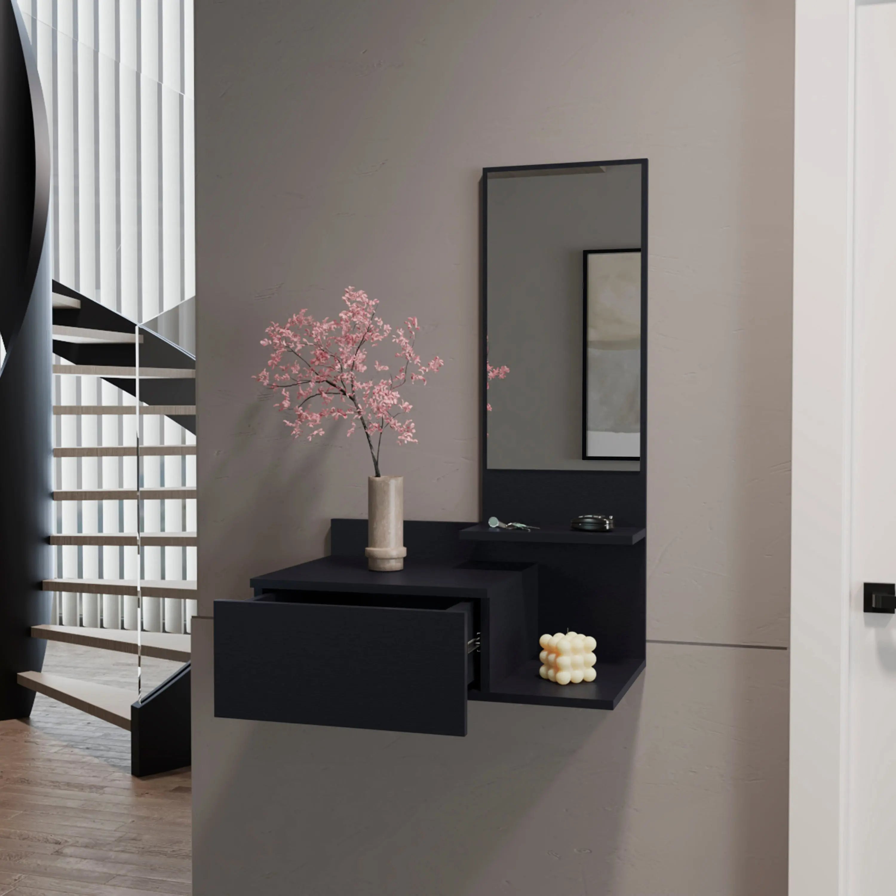 36" Black Wood Wall Mounted Accent Cabinet With Drawer And Mirror Homeroots Kitchen & Dining
