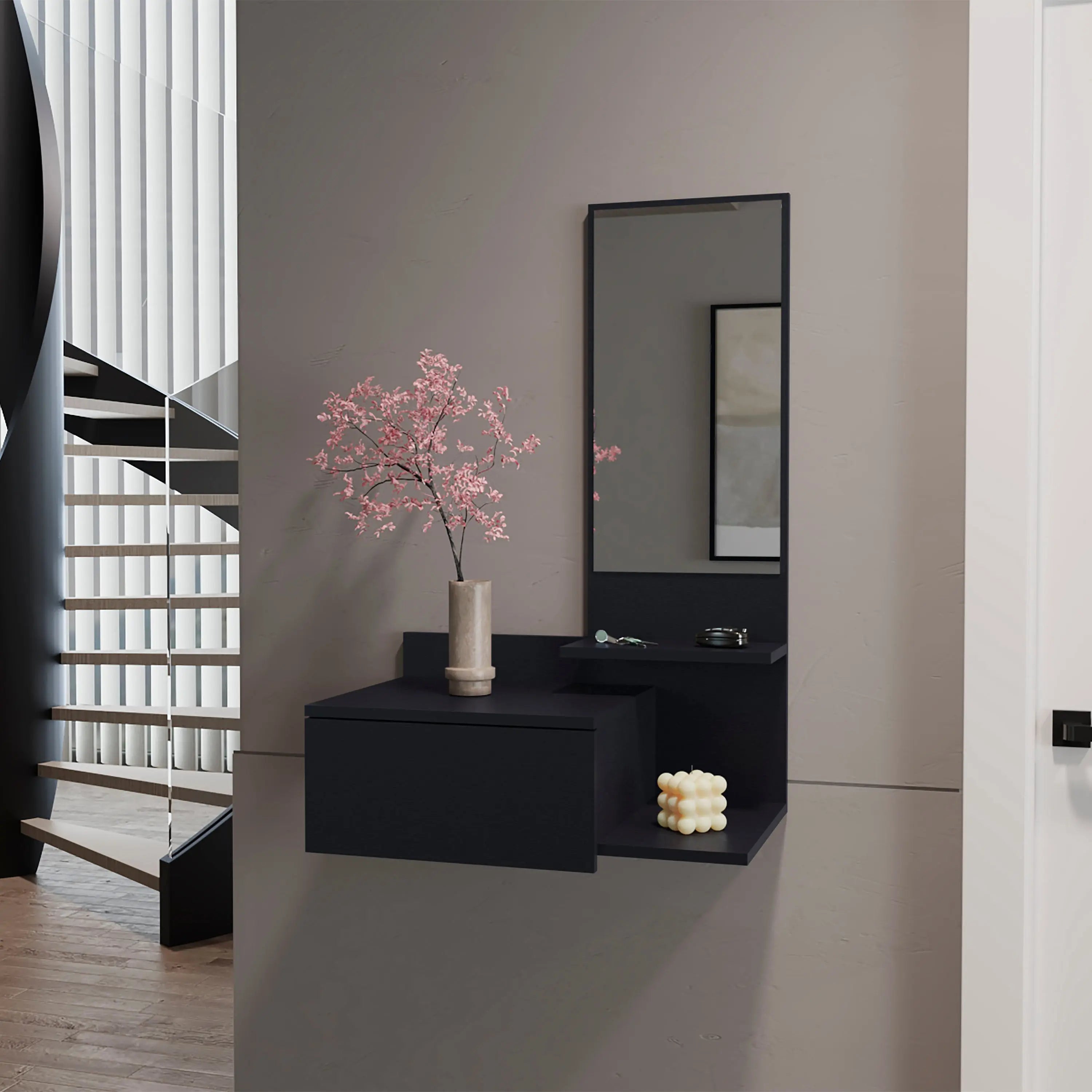 36" Black Wood Wall Mounted Accent Cabinet With Drawer And Mirror Homeroots Kitchen & Dining