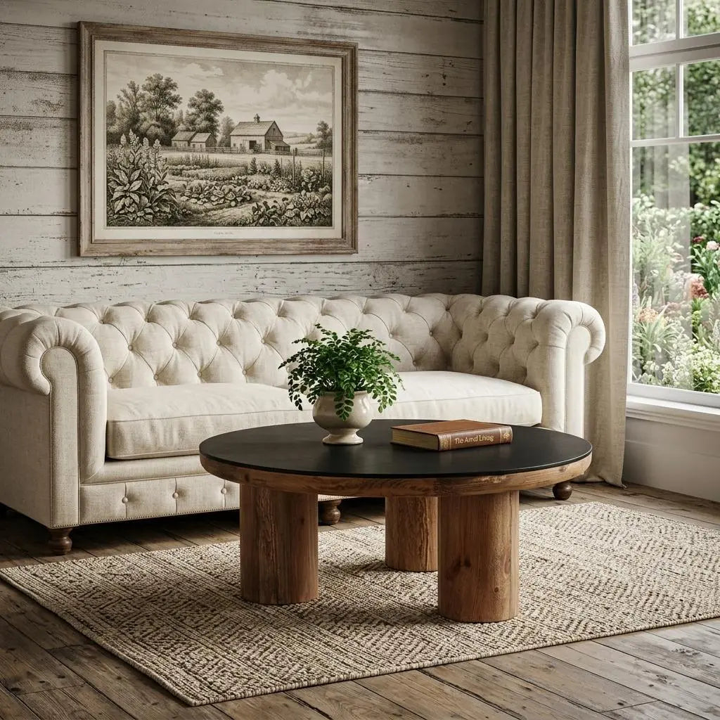 36" Black and Brown Solid Wood and Reclaimed Wood Round Coffee Table Homeroots Living Room