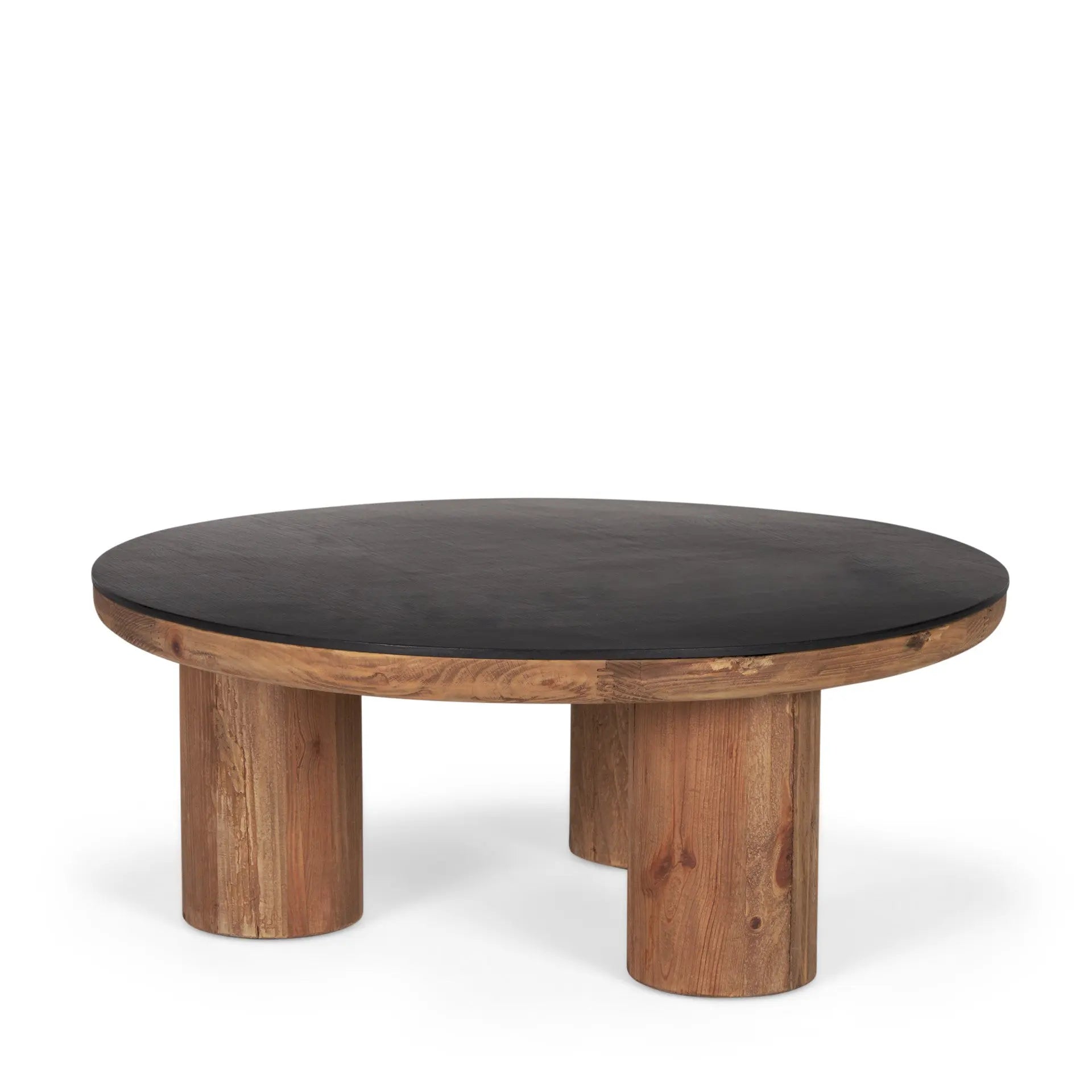 36" Black and Brown Solid Wood and Reclaimed Wood Round Coffee Table Homeroots Living Room