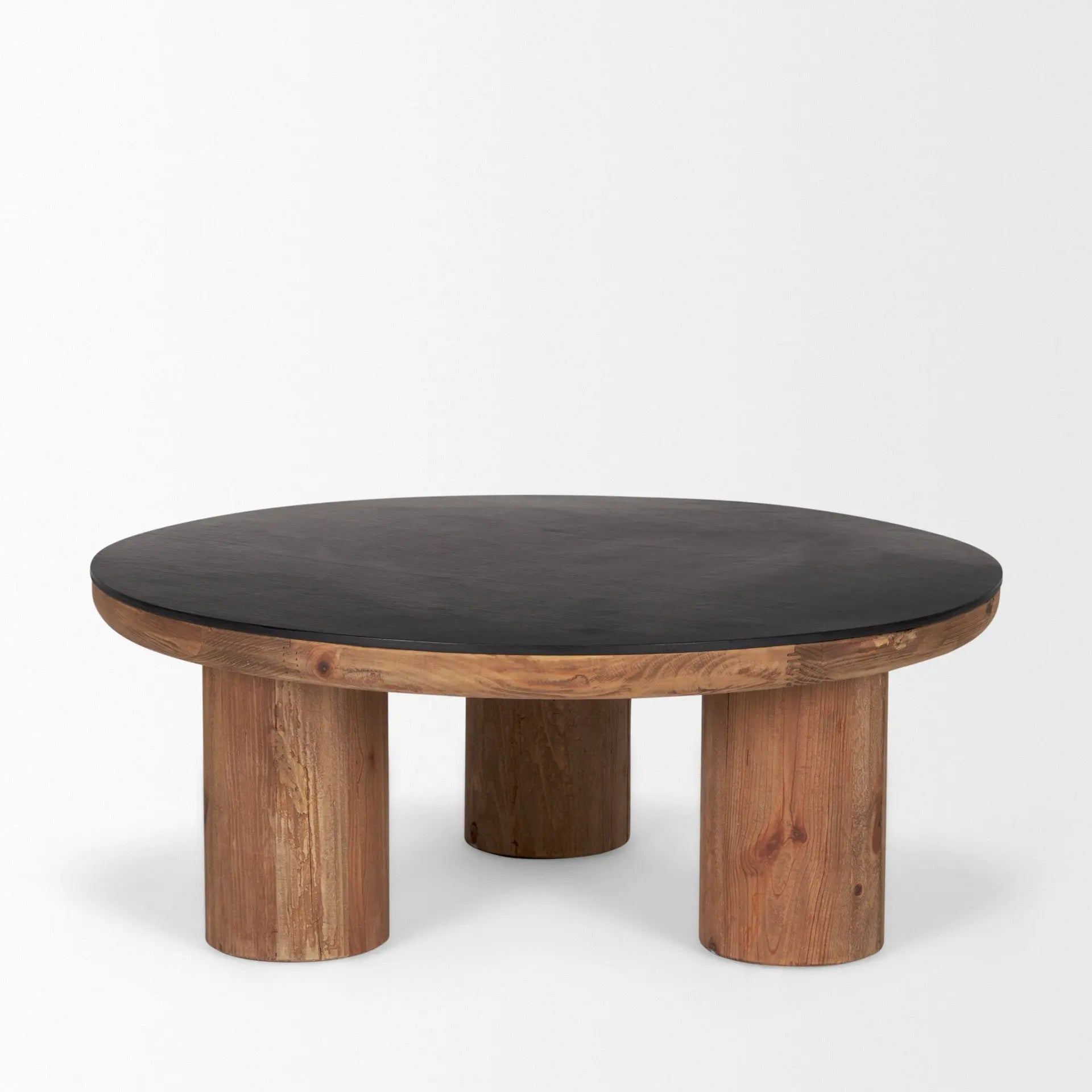 36" Black and Brown Solid Wood and Reclaimed Wood Round Coffee Table Homeroots Living Room
