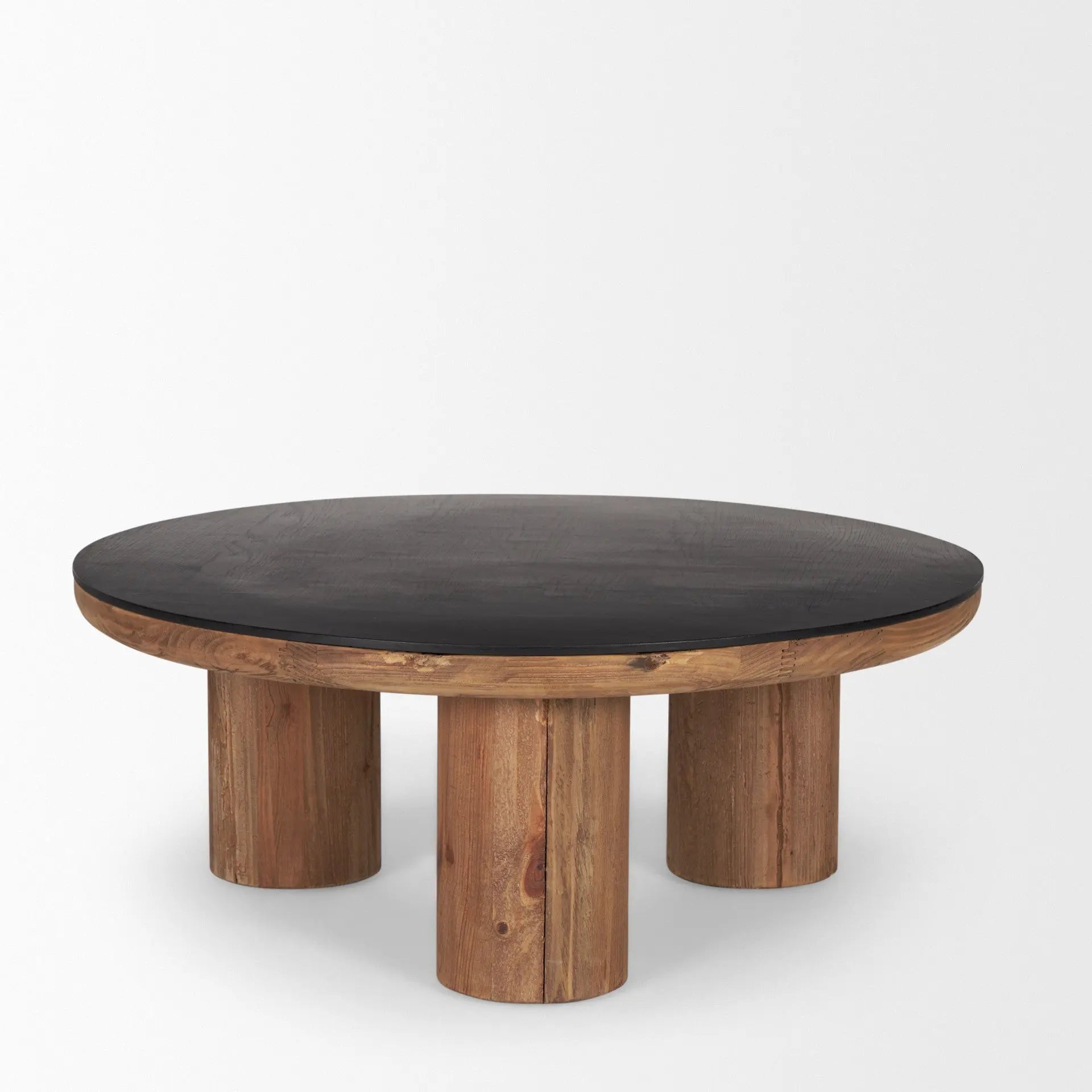 36" Black and Brown Solid Wood and Reclaimed Wood Round Coffee Table Homeroots Living Room