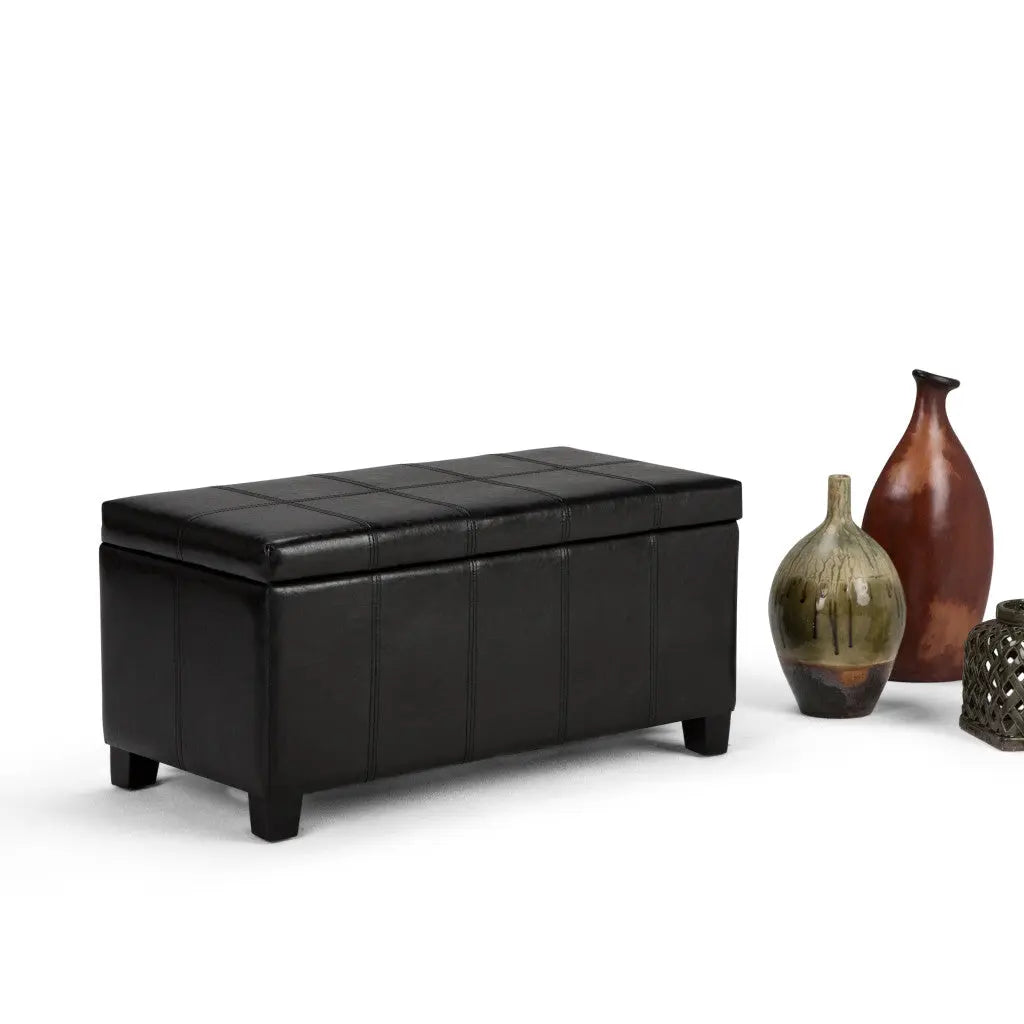 36" Black and Dark Brown Faux Leather and Solid Wood Upholstered Storage Bench With Flip Top Homeroots Living Room