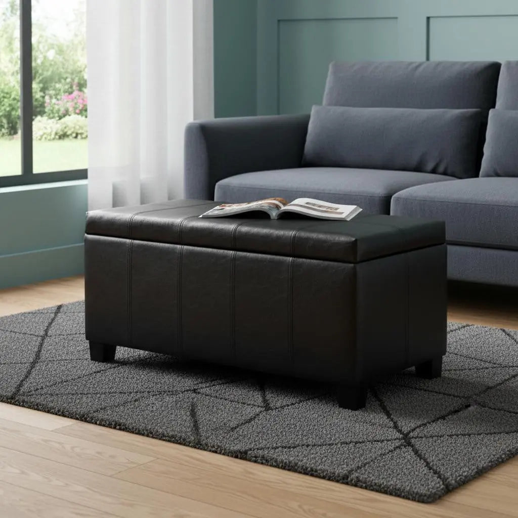 36" Black and Dark Brown Faux Leather and Solid Wood Upholstered Storage Bench With Flip Top Homeroots Living Room