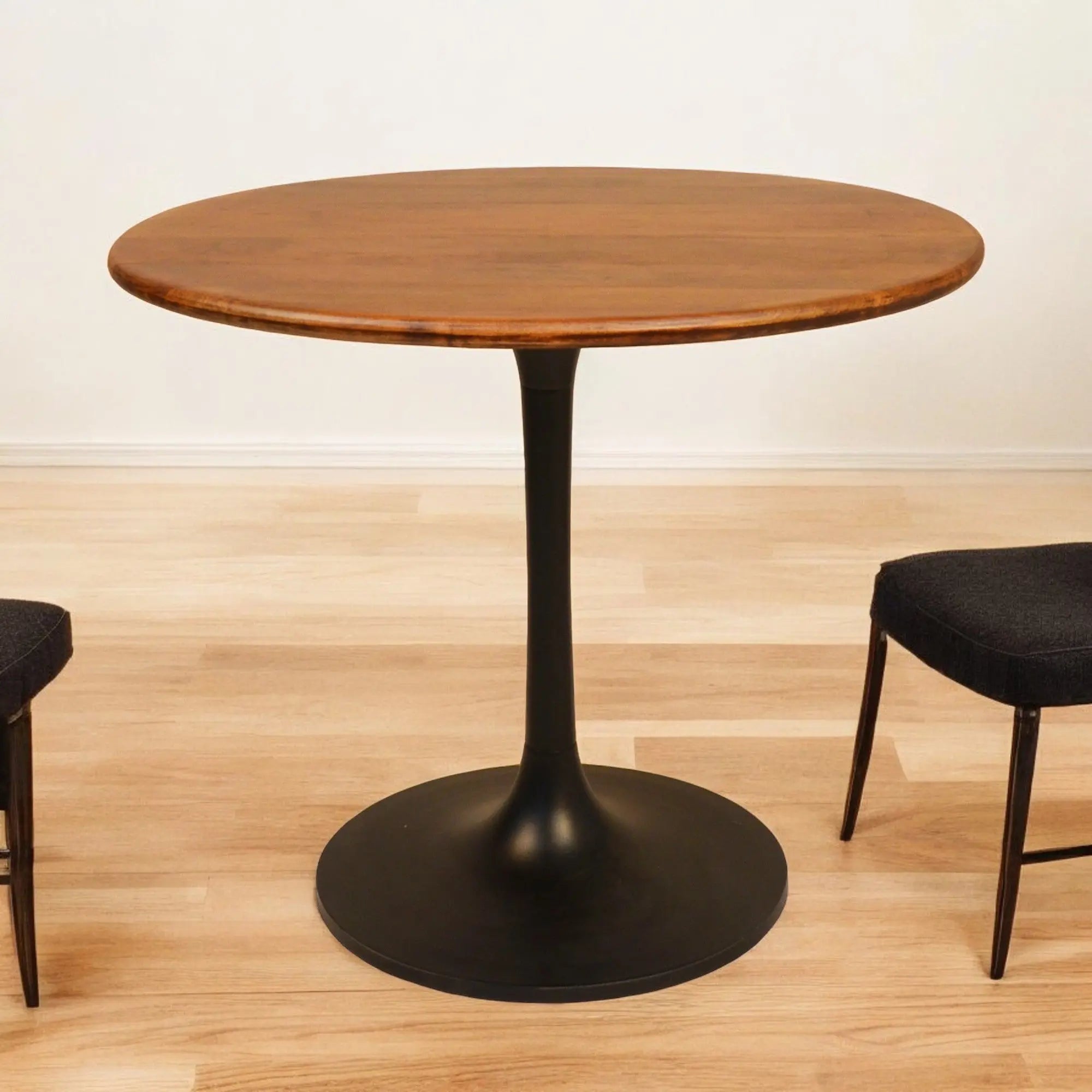 36" Brown And Black Rounded Solid Wood And Iron Pedestal Base Dining Table Homeroots Kitchen & Dining