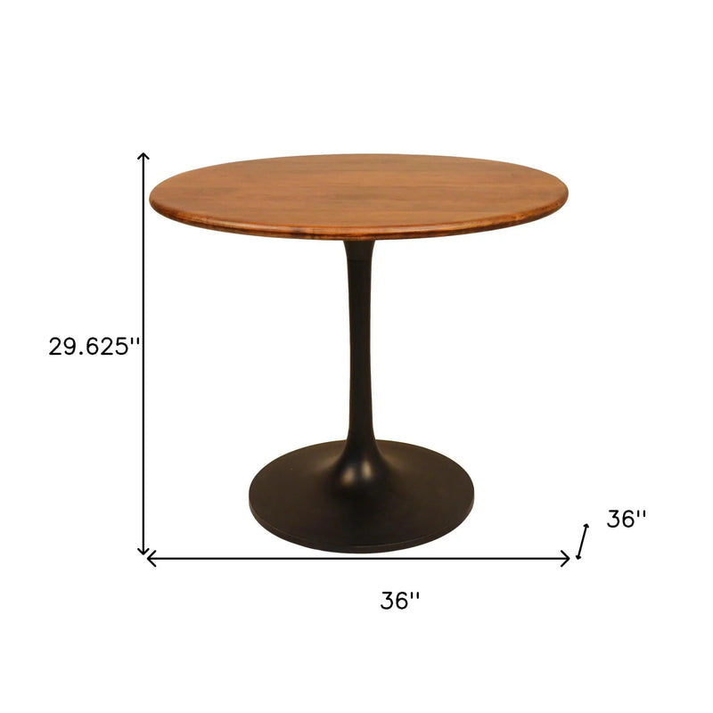 36" Brown And Black Rounded Solid Wood And Iron Pedestal Base Dining Table Homeroots Kitchen & Dining