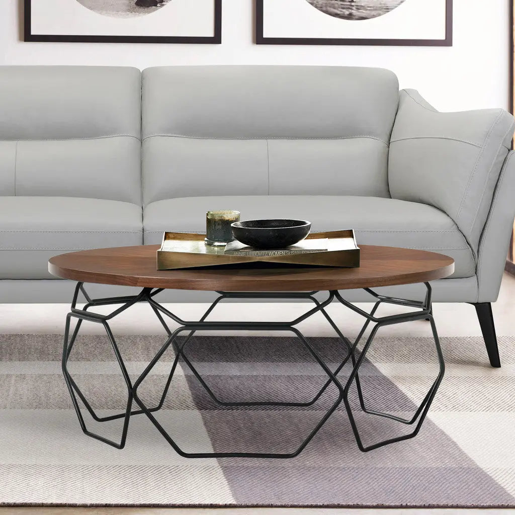 36" Brown And Black Solid Wood And Metal Round Coffee Table Homeroots Living Room