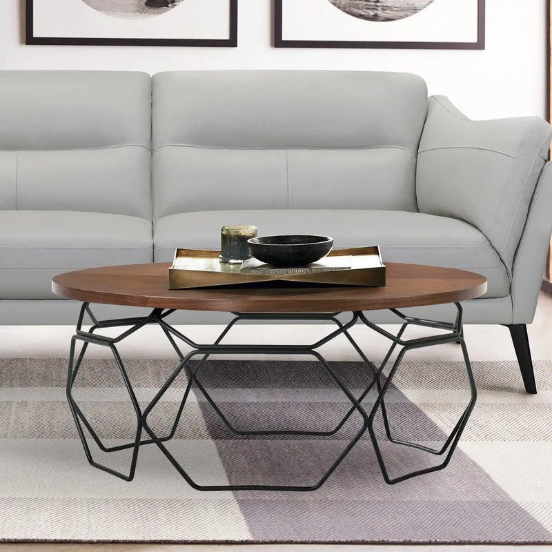 36" Brown And Black Solid Wood And Metal Round Coffee Table Homeroots Living Room