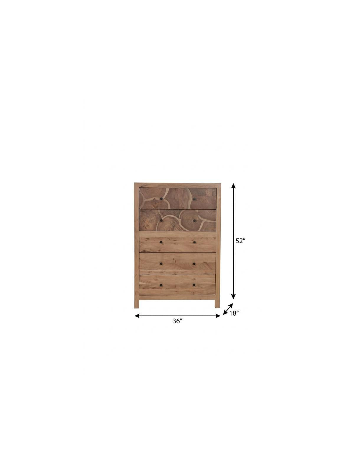 36" Brown Live Edge Solid Wood Five Drawer Dresser Homeroots