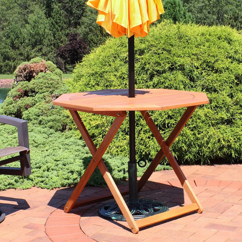 36" Brown Octagonal Solid Wood Folding Outdoor Dining Table with Umbrella Hole Homeroots Outdoor