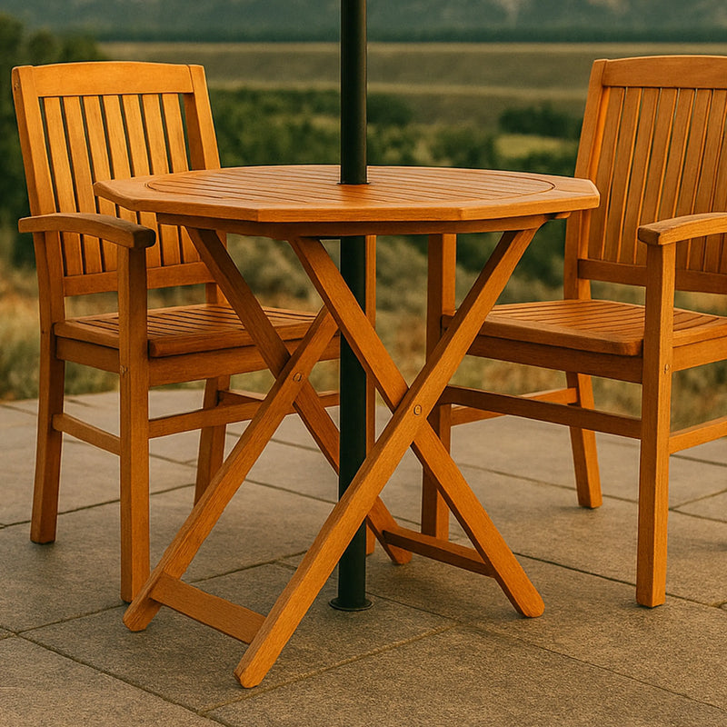 36" Brown Octagonal Solid Wood Folding Outdoor Dining Table with Umbrella Hole Homeroots Outdoor