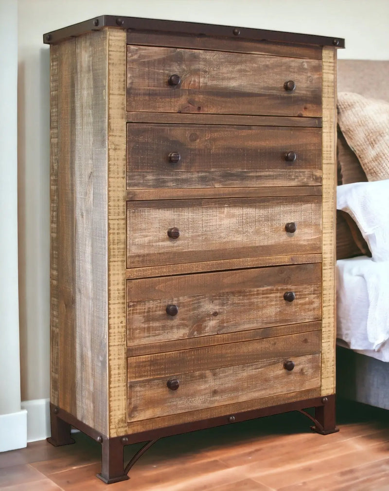 36" Brown Solid Wood Five Drawer Chest - GreatEagleInc
