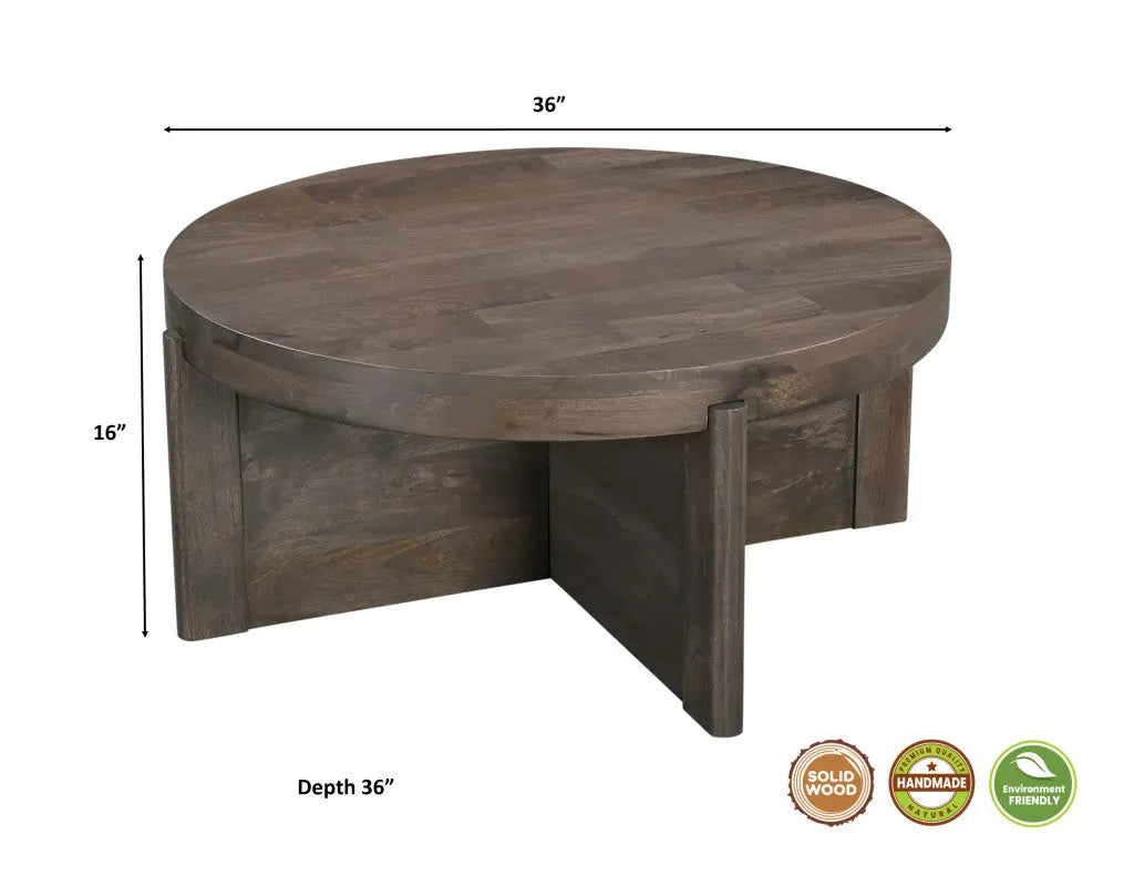 36" Brown Solid Wood Round Cross Legs Coffee Table Homeroots Living Room
