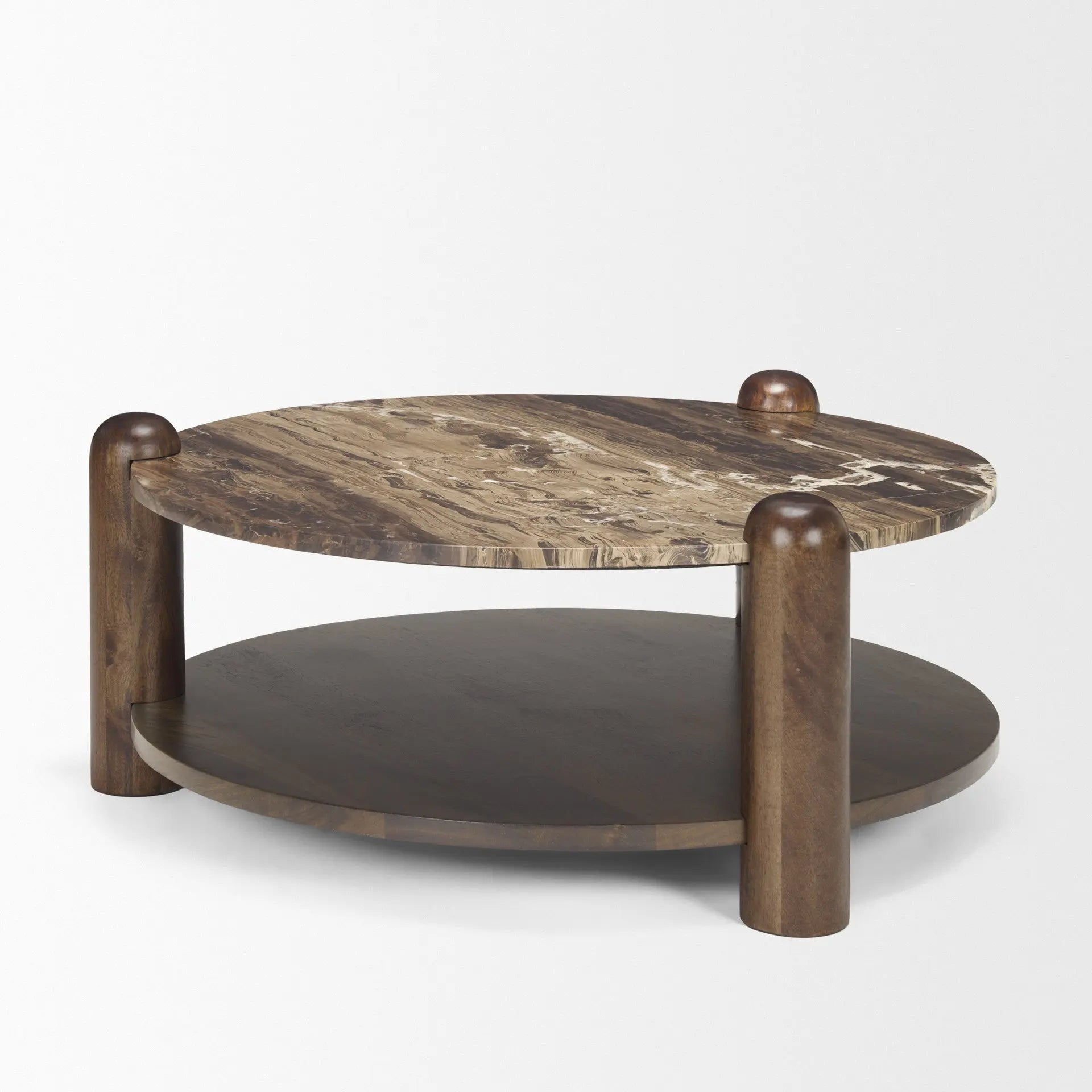 36" Brown Stone and Solid Wood Round Coffee Table Homeroots Living Room