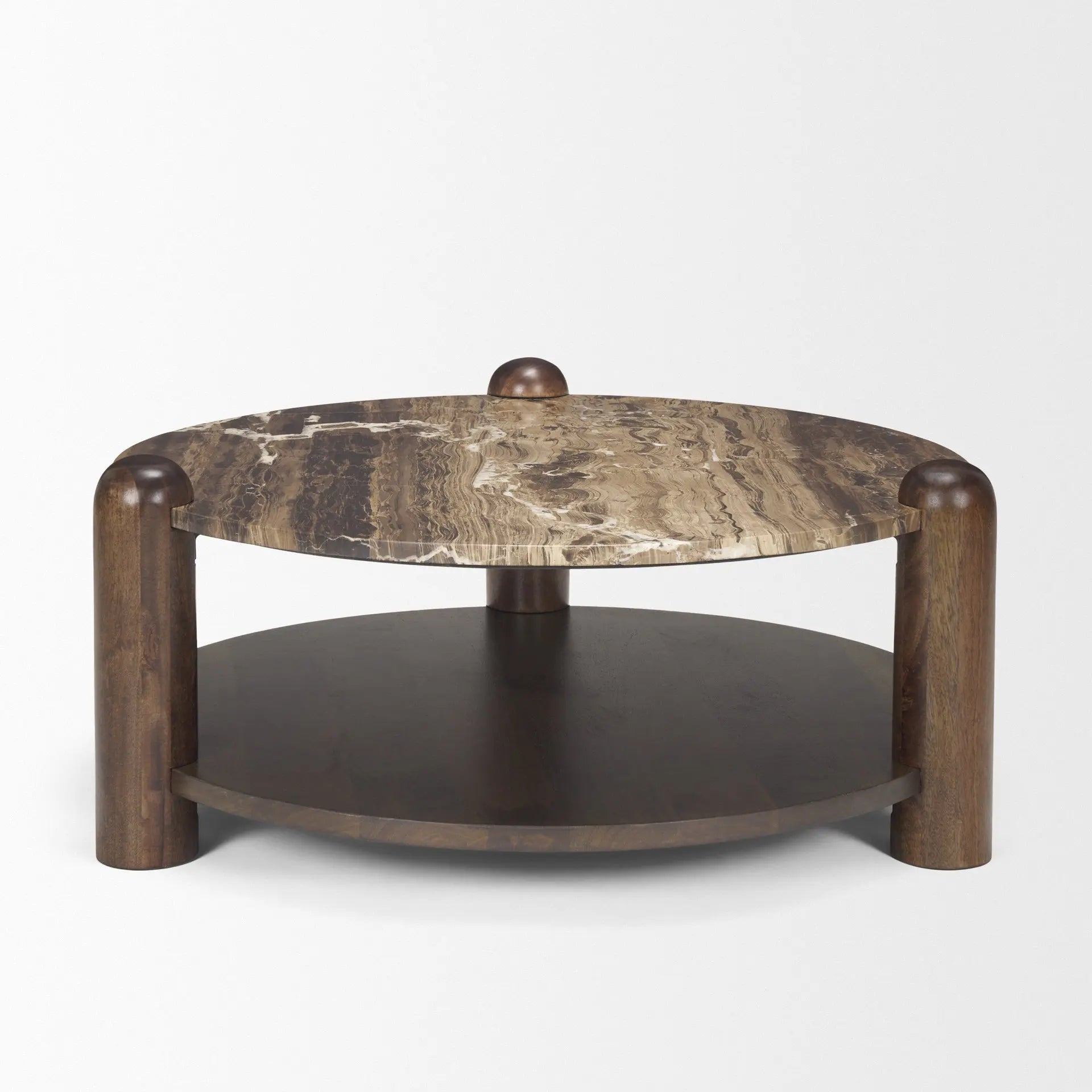 36" Brown Stone and Solid Wood Round Coffee Table Homeroots Living Room