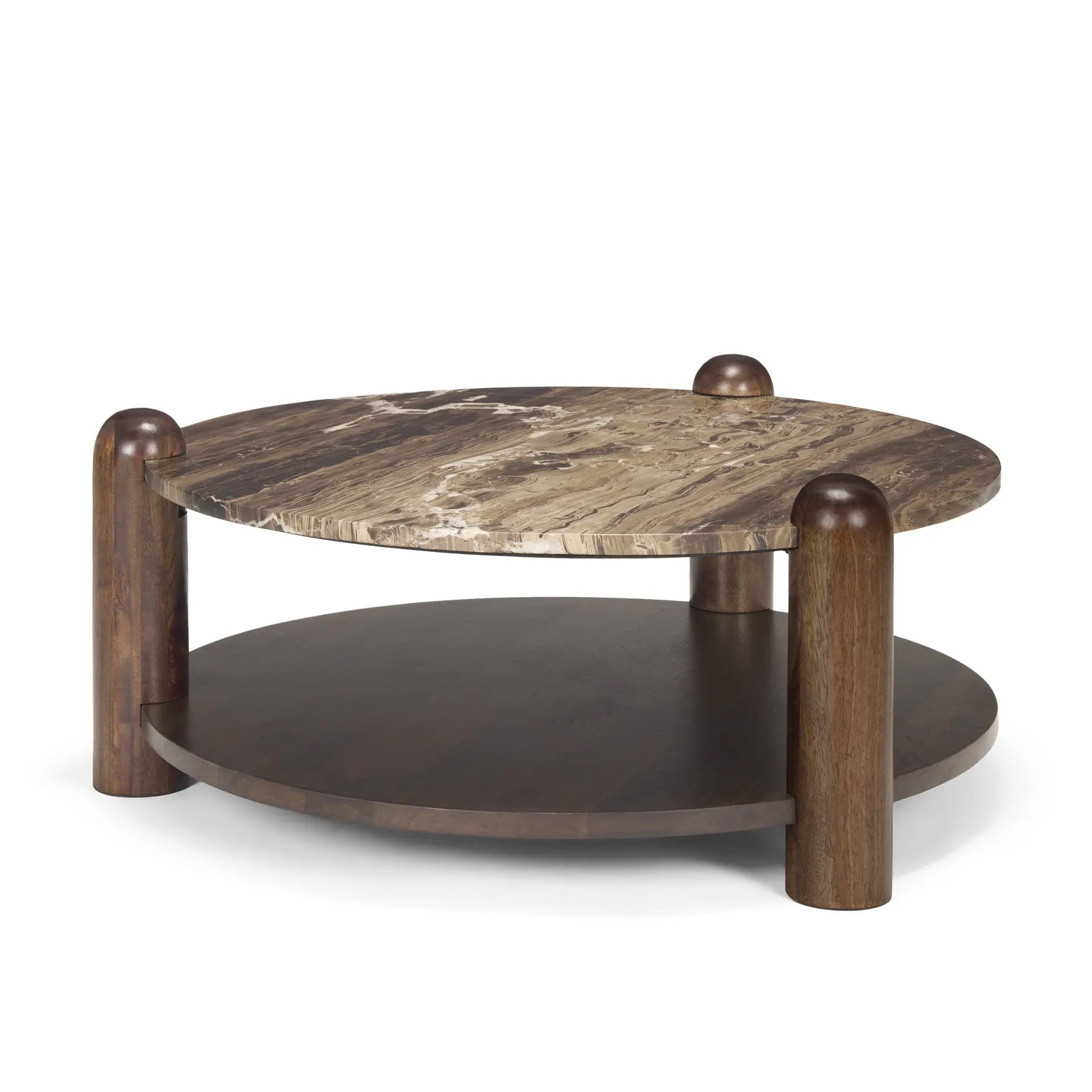 36" Brown Stone and Solid Wood Round Coffee Table Homeroots Living Room