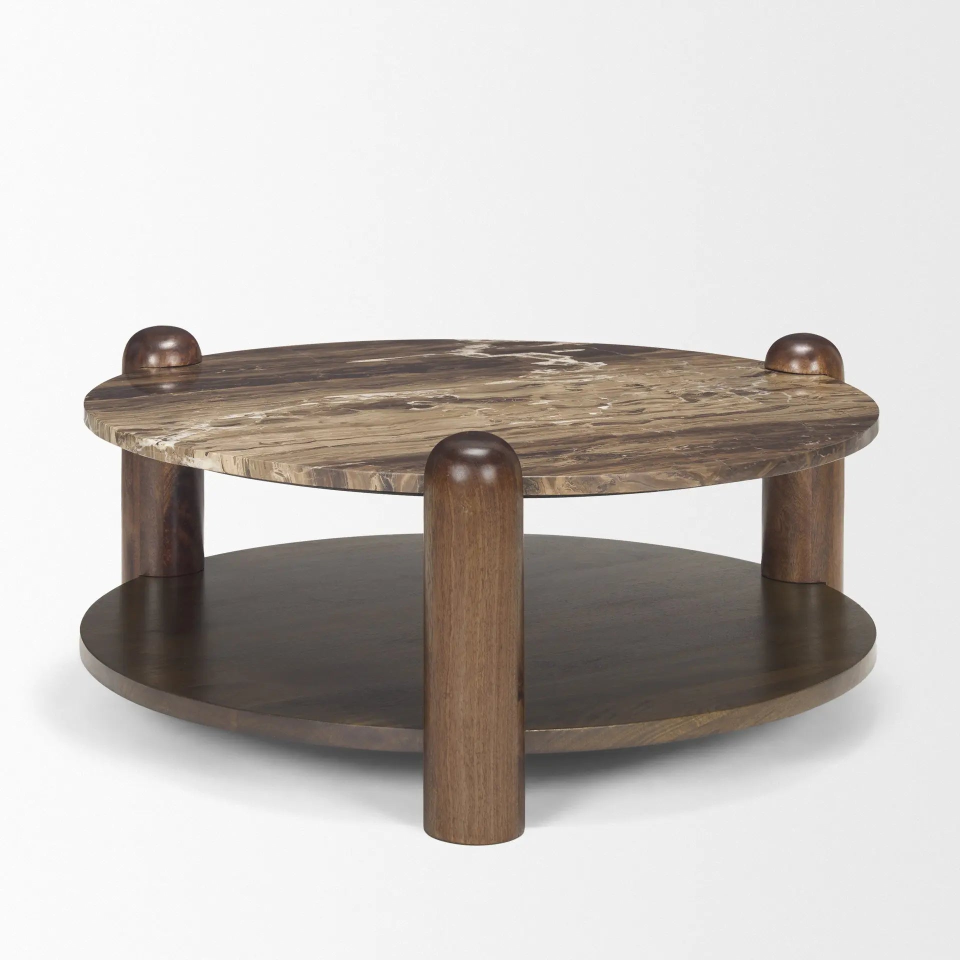 36" Brown Stone and Solid Wood Round Coffee Table Homeroots Living Room