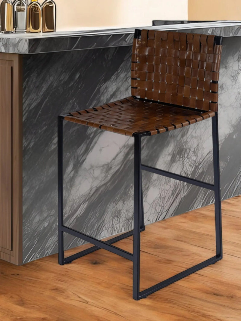 36" Brown and Black Leather and Iron Bar Chair Homeroots Living Room