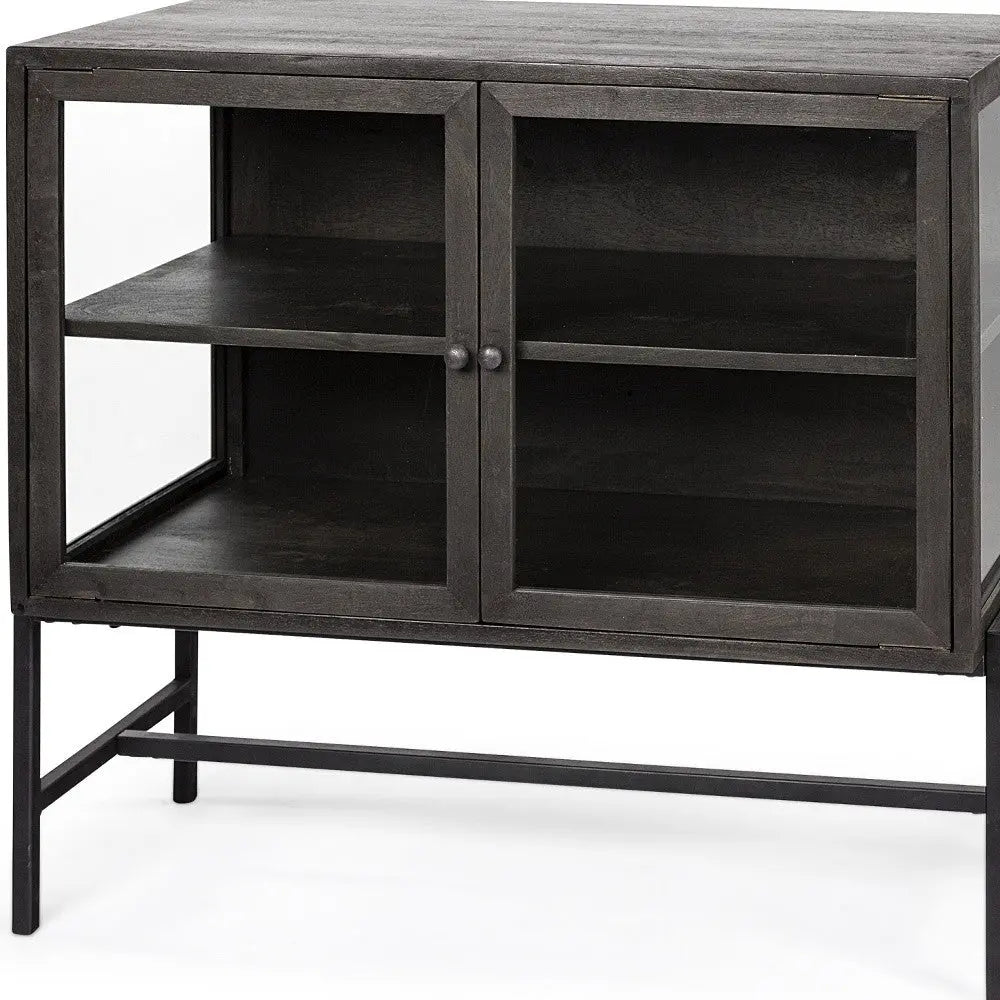36" Brown and Black Solid Wood and Metal Display Cabinet With Two Doors Homeroots Kitchen & Dining