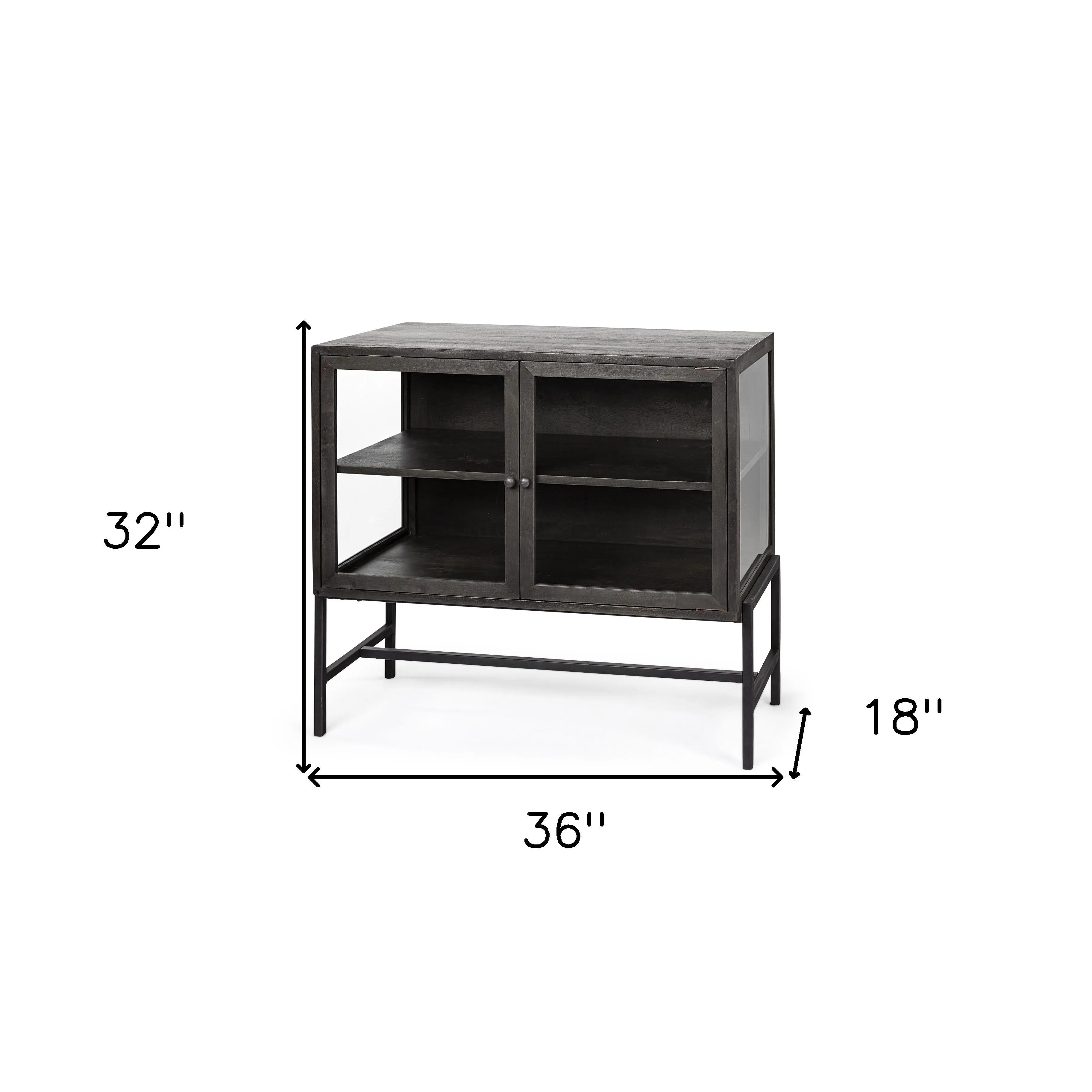 36" Brown and Black Solid Wood and Metal Display Cabinet With Two Doors Homeroots Kitchen & Dining