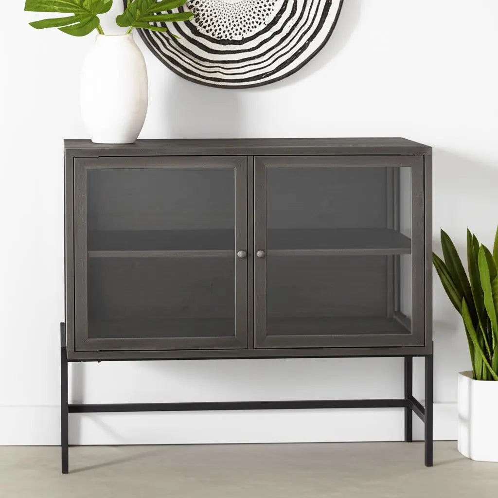 36" Brown and Black Solid Wood and Metal Display Cabinet With Two Doors Homeroots Kitchen & Dining
