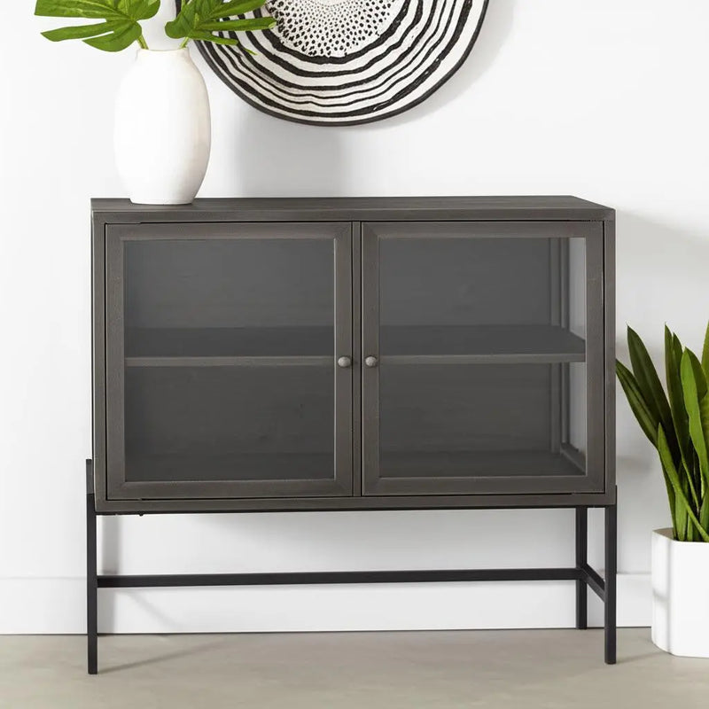 36" Brown and Black Solid Wood and Metal Display Cabinet With Two Doors Homeroots Kitchen & Dining