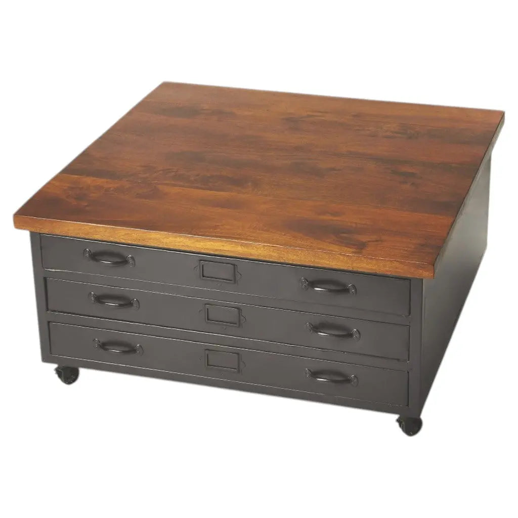 36" Brown and Gray Solid Wood and Metal Square Coffee Table With Three Drawers Homeroots Living Room