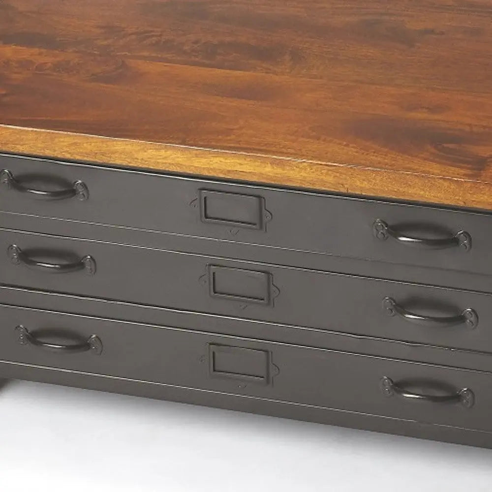 36" Brown and Gray Solid Wood and Metal Square Coffee Table With Three Drawers Homeroots Living Room