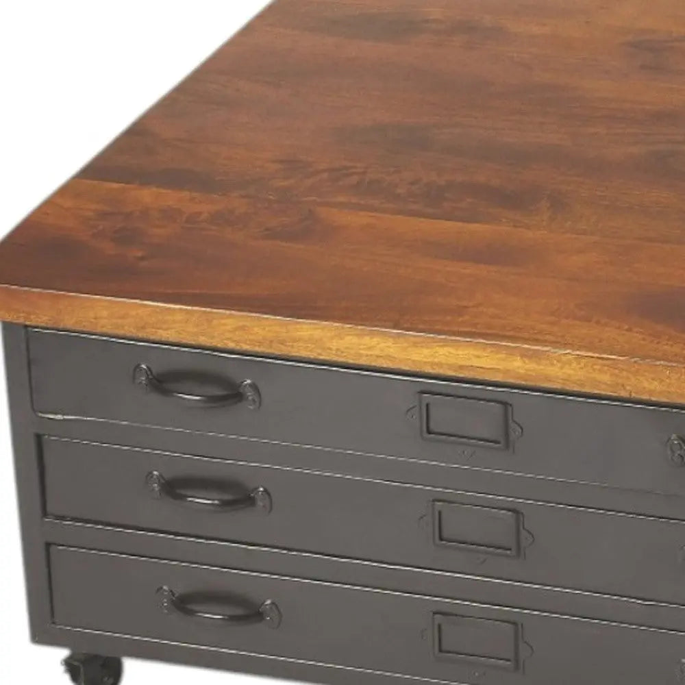 36" Brown and Gray Solid Wood and Metal Square Coffee Table With Three Drawers Homeroots Living Room