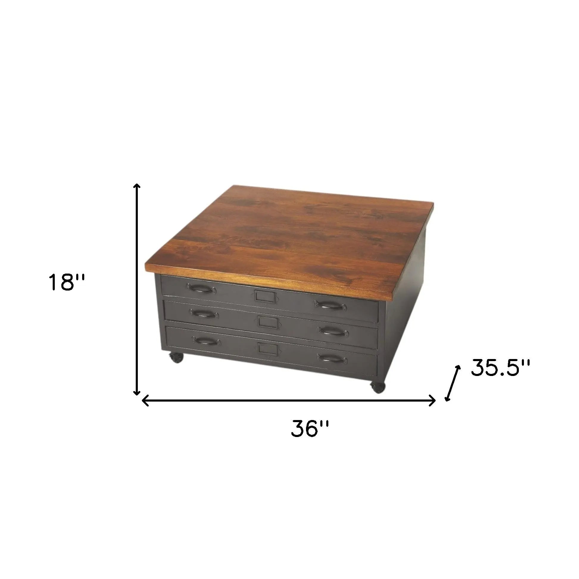 36" Brown and Gray Solid Wood and Metal Square Coffee Table With Three Drawers Homeroots Living Room