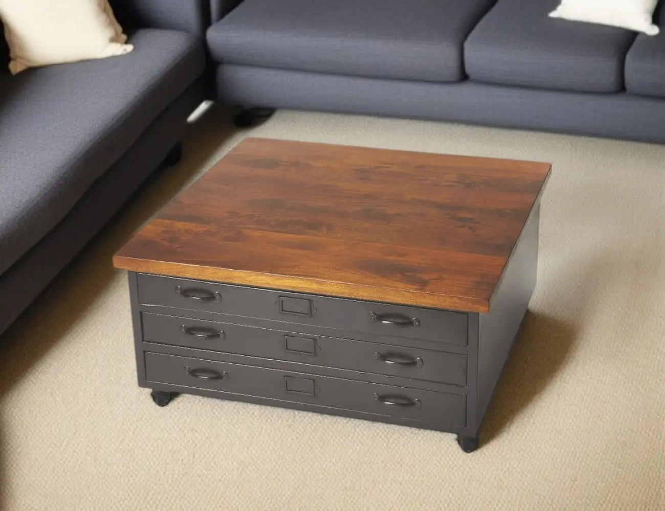 36" Brown and Gray Solid Wood and Metal Square Coffee Table With Three Drawers Homeroots Living Room