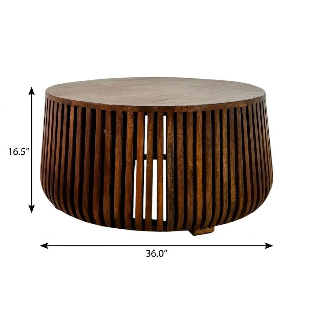 36" Chestnut Solid Wood Round Solid Drum Coffee Table Homeroots Living Room