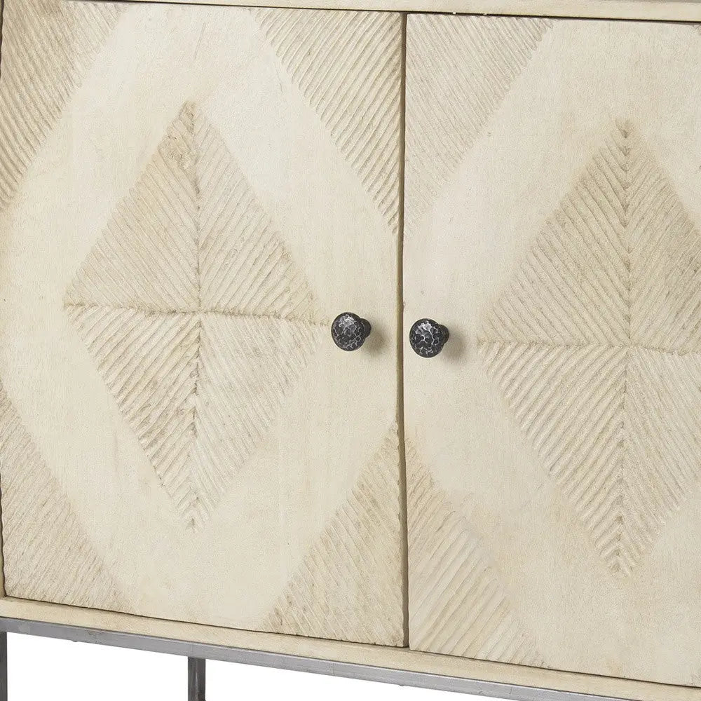 36" Cream and Gray Solid Wood and Iron Carved Geometric Accent Cabinet With Two Doors Homeroots Kitchen & Dining