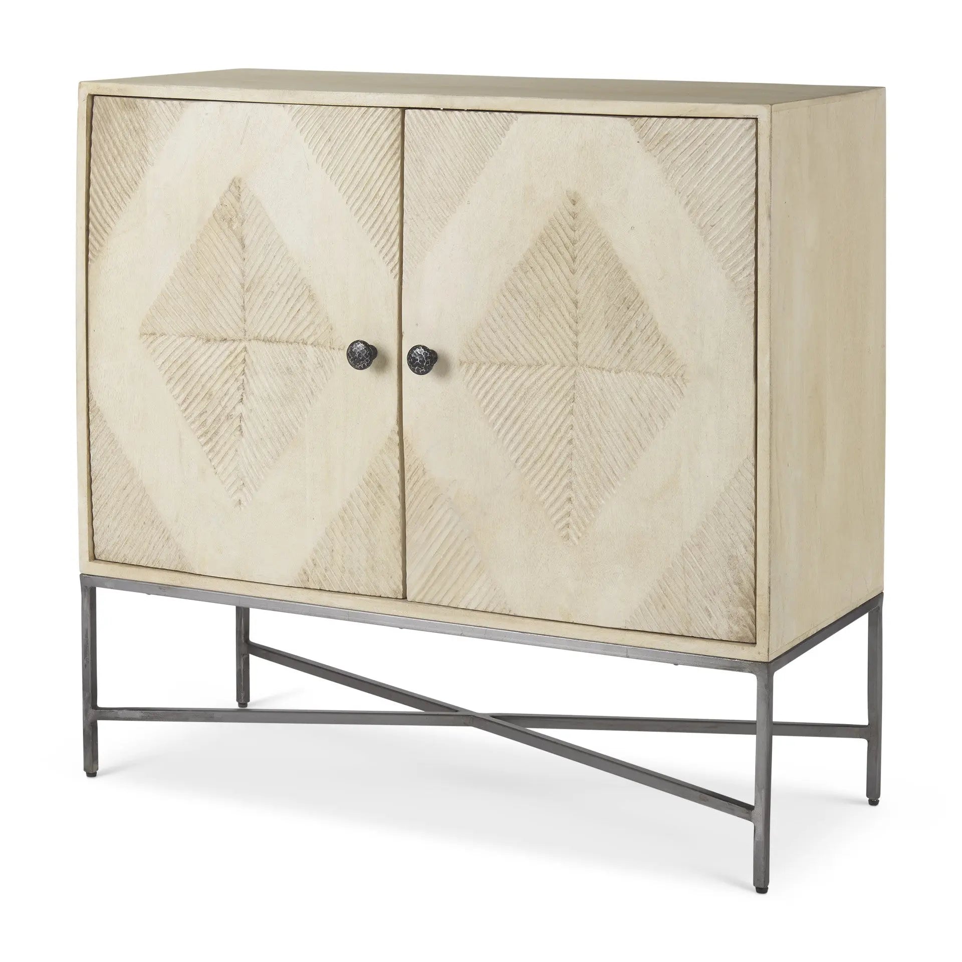 36" Cream and Gray Solid Wood and Iron Carved Geometric Accent Cabinet With Two Doors Homeroots Kitchen & Dining