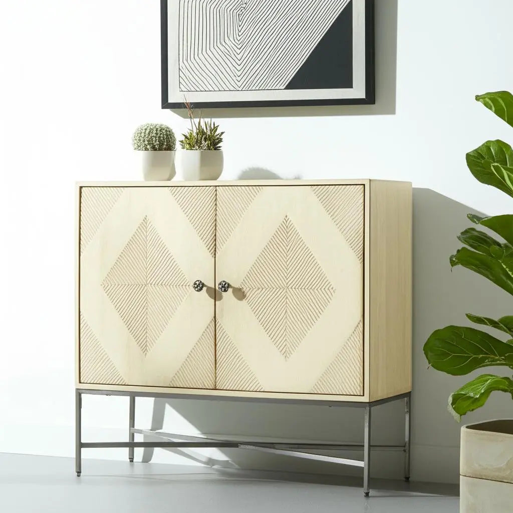 36" Cream and Gray Solid Wood and Iron Carved Geometric Accent Cabinet With Two Doors Homeroots Kitchen & Dining