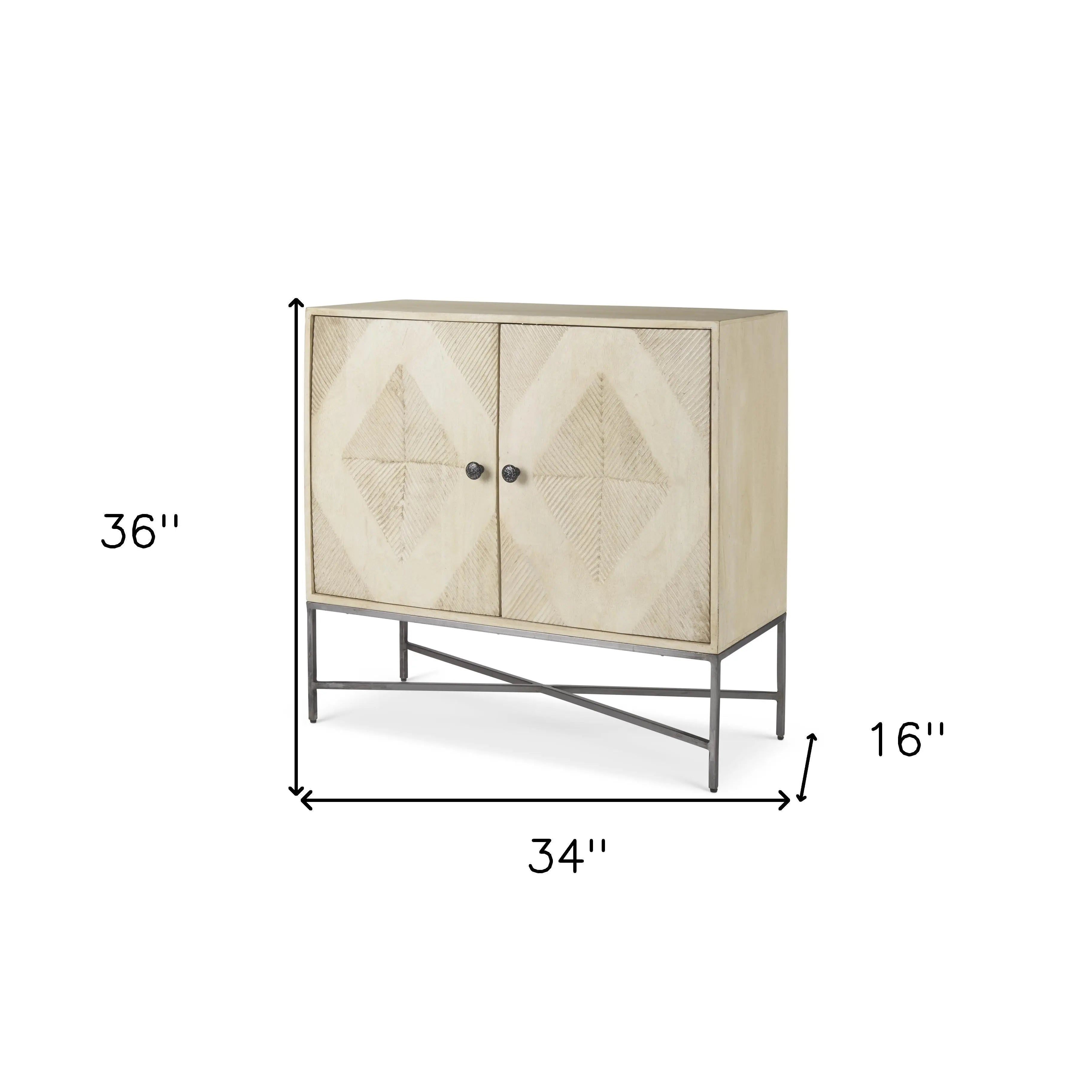 36" Cream and Gray Solid Wood and Iron Carved Geometric Accent Cabinet With Two Doors Homeroots Kitchen & Dining